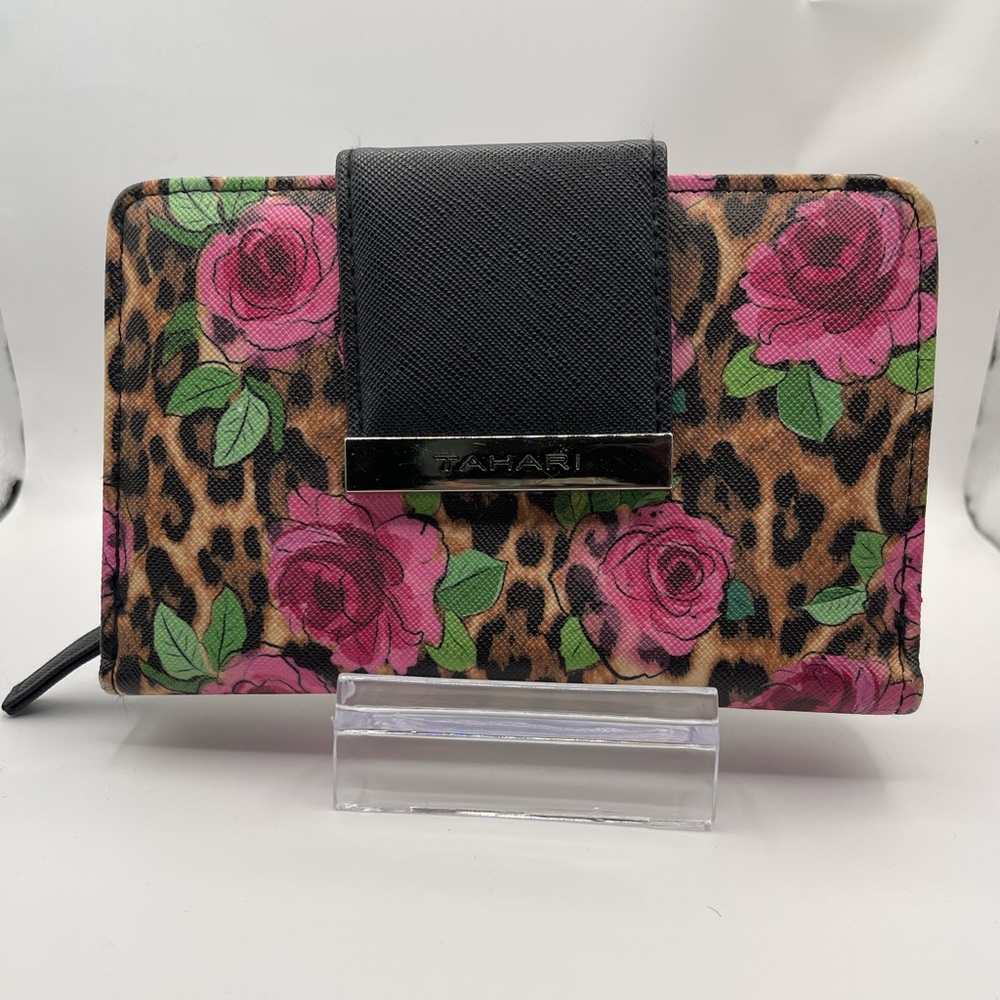 TAHARI Leopard and Pink Roses Faux Leather Wallet ID protect wallet